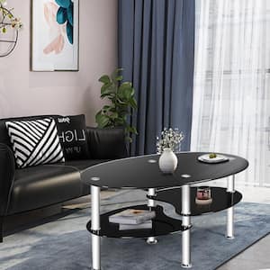 35 in. Black Tempered Glass Oval Coffee Table with Shelves