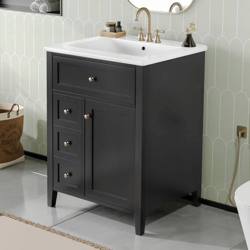 Ziyudura 24 in. Single Sink Freestanding Black Bath Vanity with