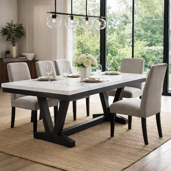Viem Black and White Marble 72 in. Trestle Base Dining Table Seating for 6