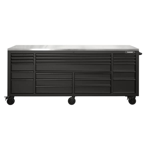 Husky Tool Storage 84 in. W Heavy Duty Matte Black Mobile Workbench Tool Chest with Stainless Steel Work Top, Matte Black with Black Trim