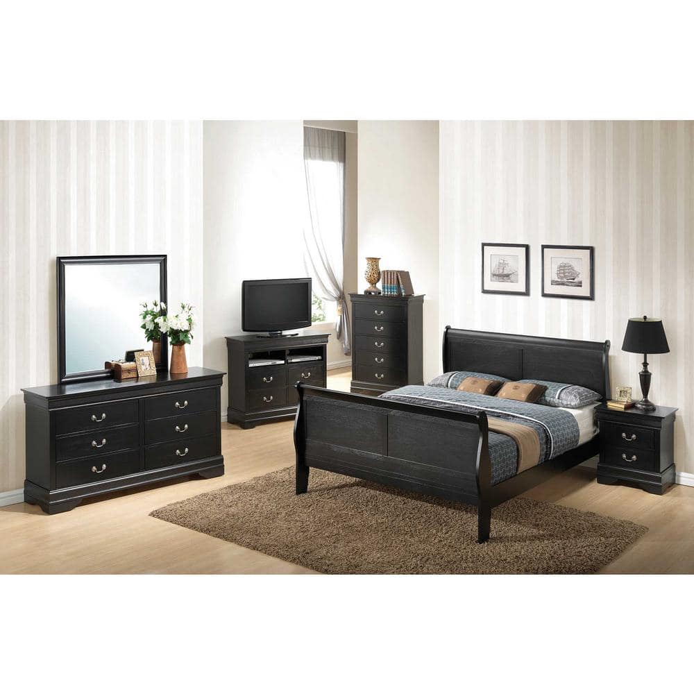 Elegant Louis Philippe King Size Black Wood Sleigh Bed