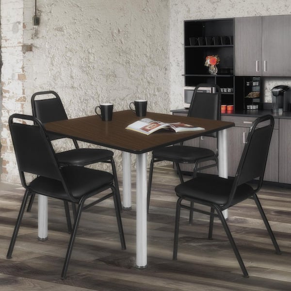 Kee 42 in. Neo Walnut Square Breakroom Table Desk and 4 Restaurant Stack Chairs-Black