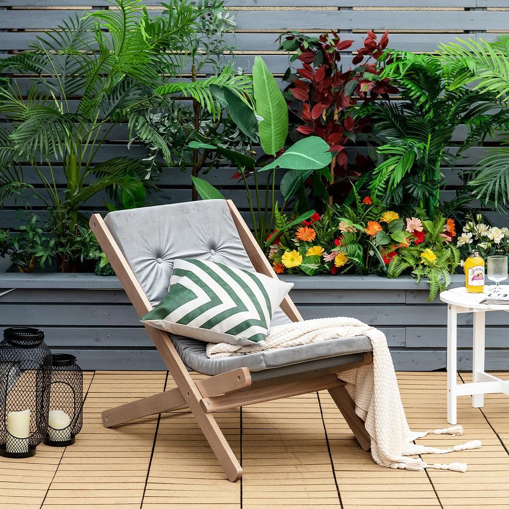 Foldable Natural Beech Wood Sling Chair with Gray Cushion