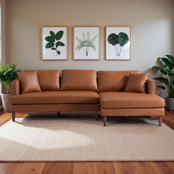 Ashcroft Furniture Co Desire 107 in. Square Arm 2-piece L-Shaped Living Room Vegan Leather Right Facing Corner Sectional Sofa in. Cognac