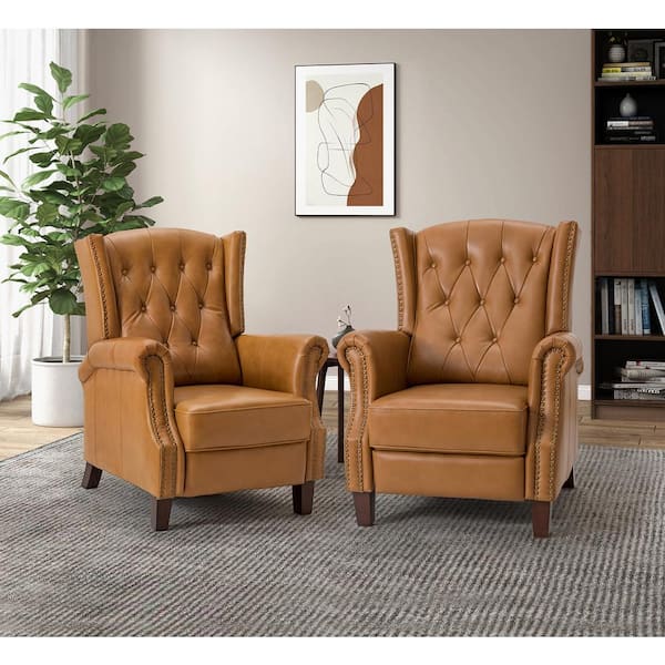 JAYDEN CREATION Cilla Genuine Leather Camel Manual Recliner with Wooden Legs Set of 2