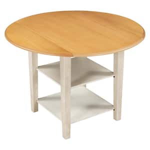 42.2 in. Round Wood Natural Top and Distressed White Kitchen Dining Table with Drop Leaf and 2-tier Shelves