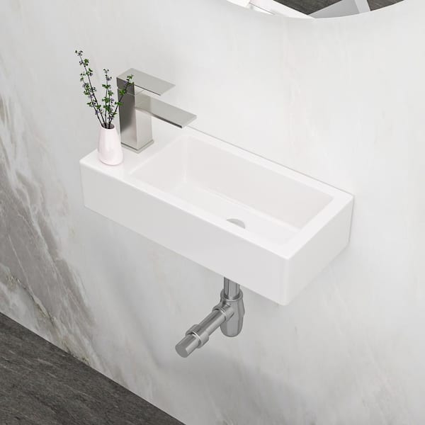 Staykiwi 14.57 in. Wall-Mounted Ceramic Rectangular Bathroom Sink in White with Left Faucet Hole