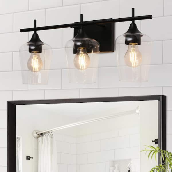 21 in. 3-Light Modern Industrial Black Bathroom Vanity Light with Goblet Shaped Clear Glass Shades