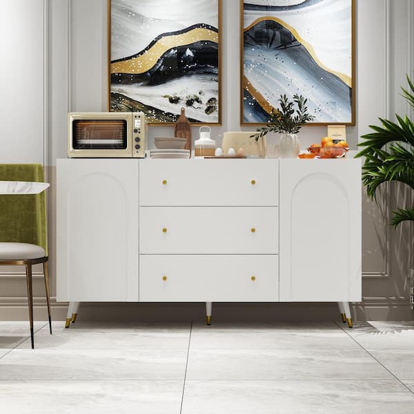 FUFU&GAGA White Finished Wood 63 in. W Sideboard, Dresser, Bookcase, Storage Cabinet w/4-Shelf, 3-Drawer and Arched Surface Door