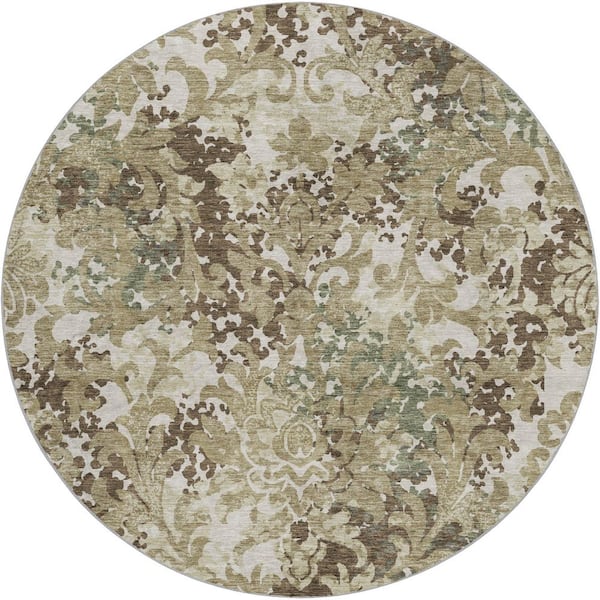Dream Shag Premium Machine Washable Abstract ADS752 Beige 8 ft. x 8 ft. Round Rug