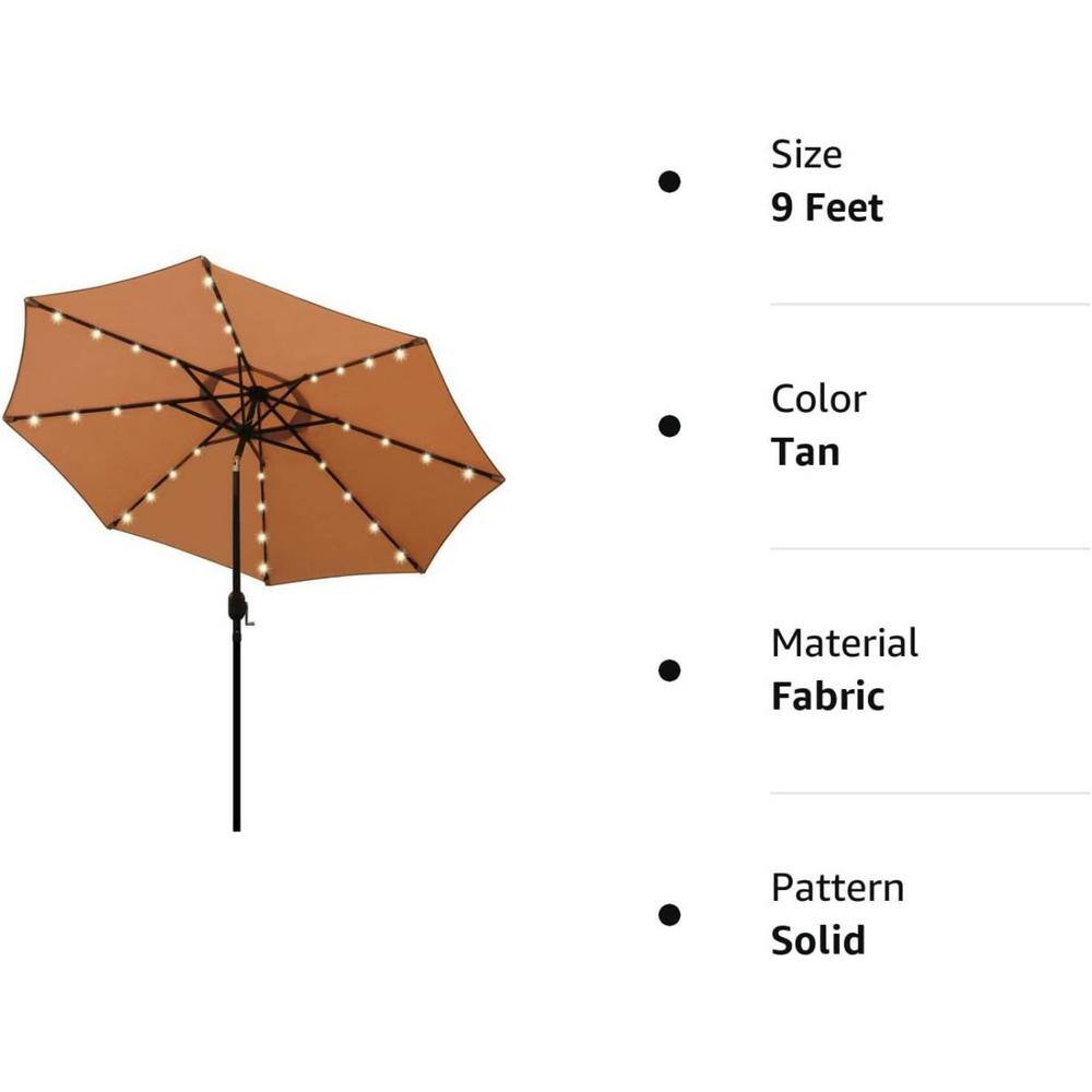 Tan 9 ft Round LED Lighted Market Umbrella with Black Aluminum Pole