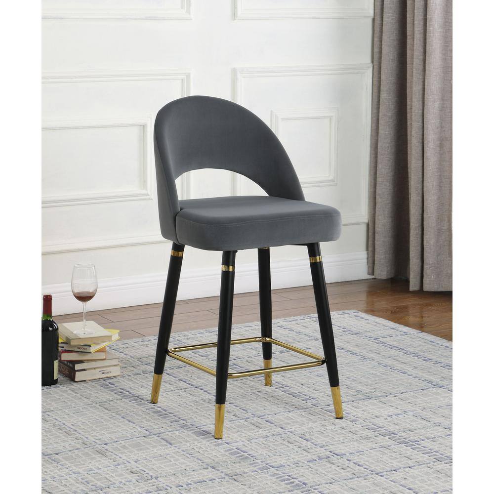 Gray Velvet Upholstered Arched Back Counter Stools with Gold Accents