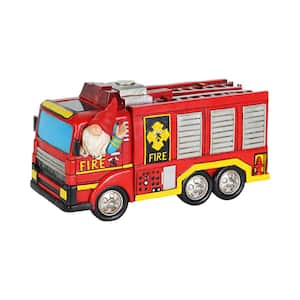 Solar Hand Painted Driving a Fire Truck, 11.5 in. x 6.5 in. Gnome Garden Statue