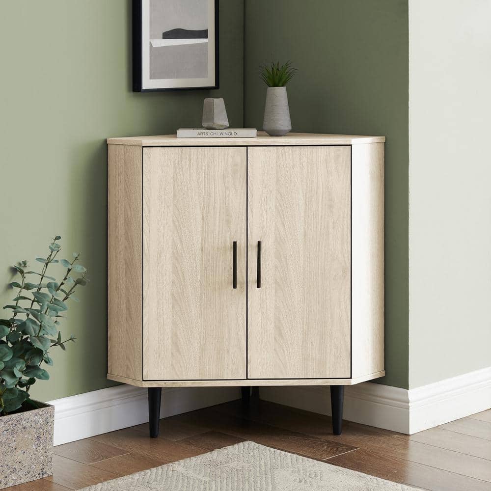 Contemporary Birch and Walnut Corner Accent Cabinet with Adjustable Shelving