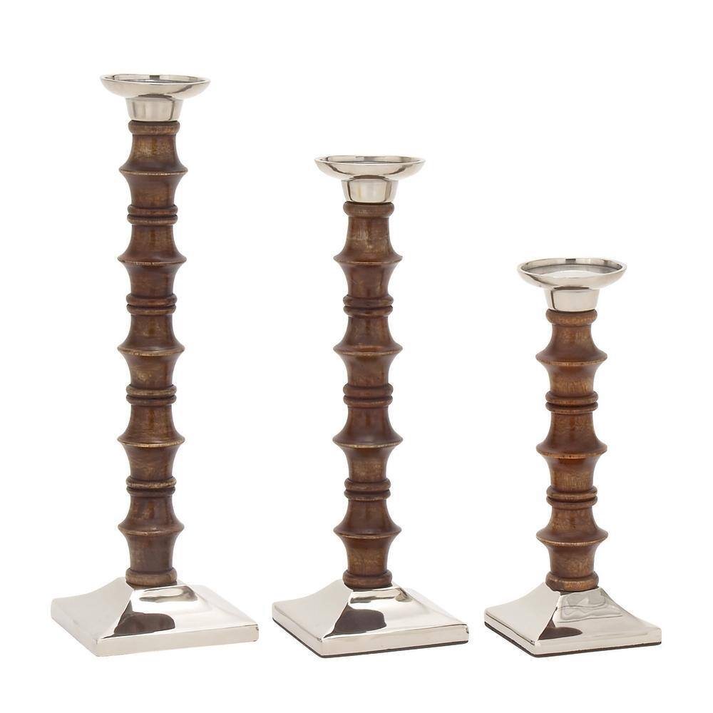 Elegant Traditional Wood Candlestick Trio in Brown - 12" Height