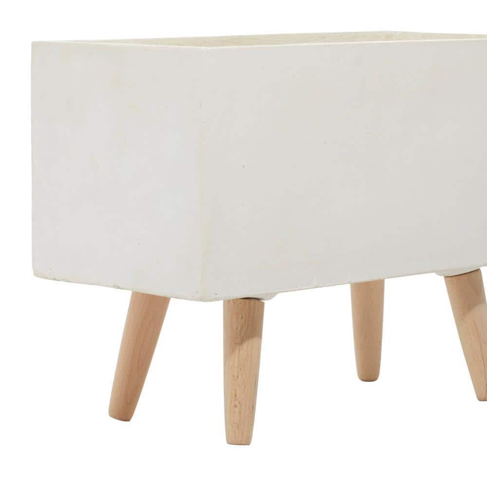 White Fiber Clay Rectangular Planters with Wood Legs, Set of 2