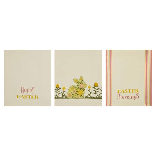 VHC Brands Bunny Hop Multi Colored Seasonal Floral Bunny Easter Cotton Tea Towel (Set of 2)