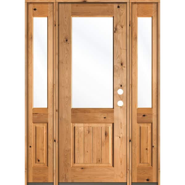Krosswood Doors 64 in. x 96 in. Rustic Knotty Alder Wood Clear Half-Lite Clear Stain w.VG Left Hand Single Prehung Front Door/Sidelites