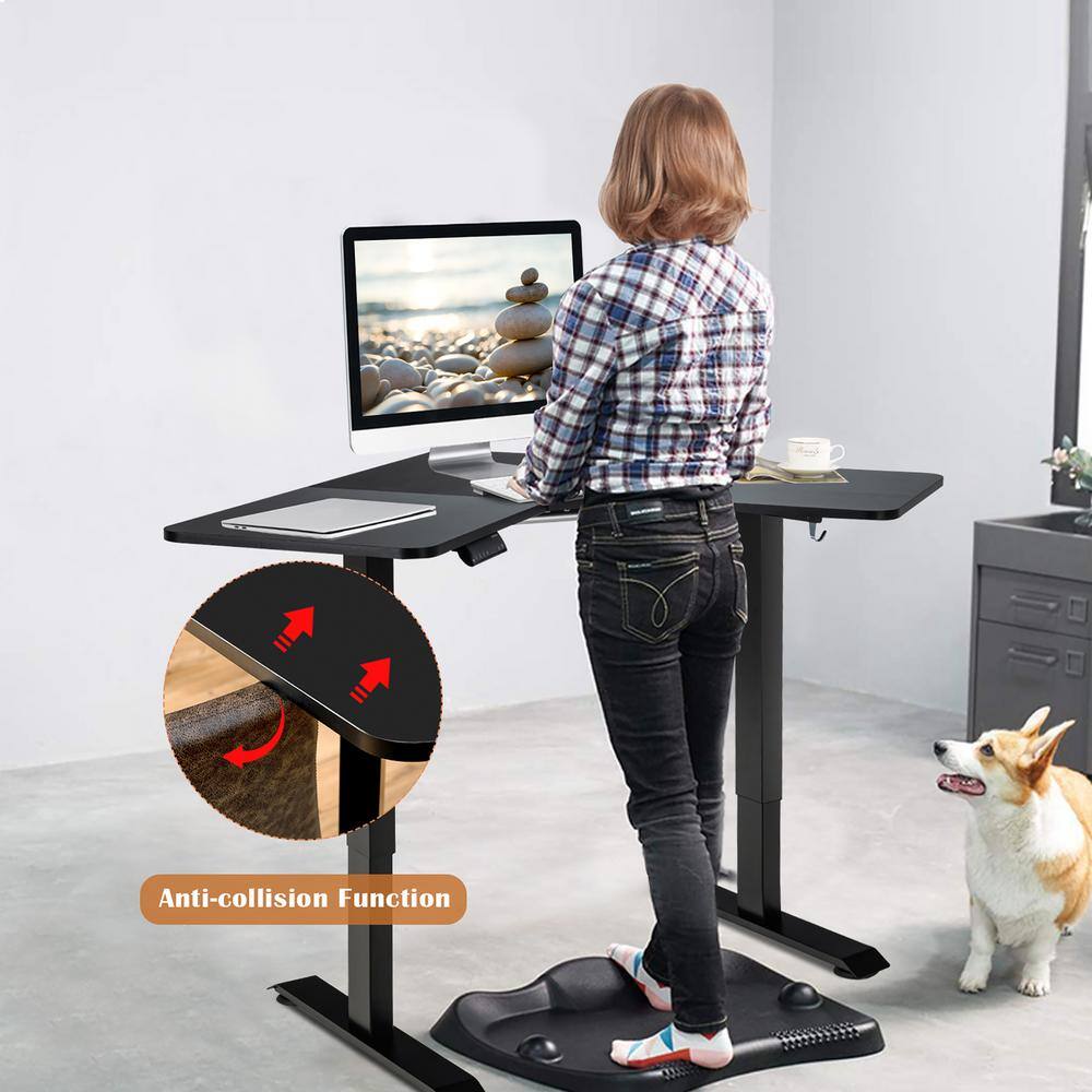 Black Adjustable Height L-Shaped Standing Desk with Hooks