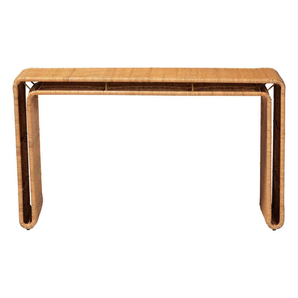 Front view of the Nevada 52-inch light honey rattan wicker console table.