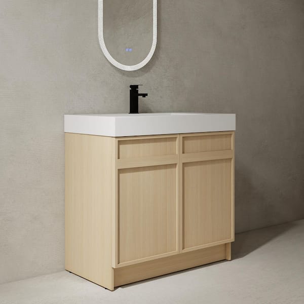 36 in. Single Sink Freestanding Oak Bath Vanity with White Resin Top, Adjustable Shelf, Sewer Cover