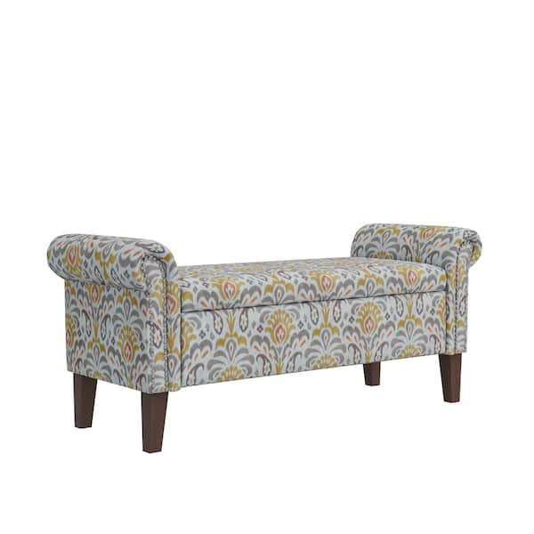 Wallen Orange and Gray Damask Fabric Traditional Rolled Arm Rectangular Storage Bench 56.5 in. Ottoman with Nailheads