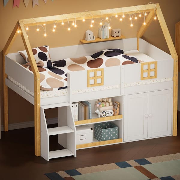 White Full House Low Loft Bed with LED Lights, Roof and Windows Design, Under-Bed Shelves and Cabinet, 2-Step Staircase