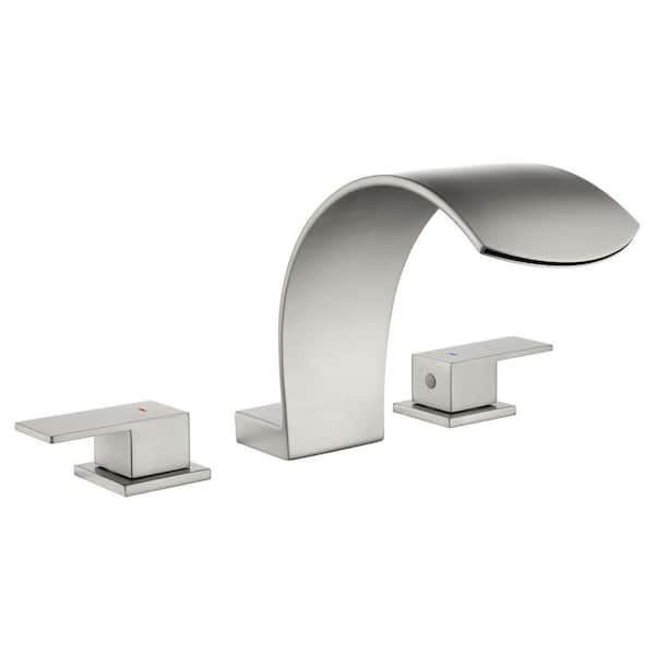 2-Handle Waterfall Deck-Mount Roman Tub Faucet with Valve Modern Brass 3-Hole Tub Fillers in Brushed Nickel