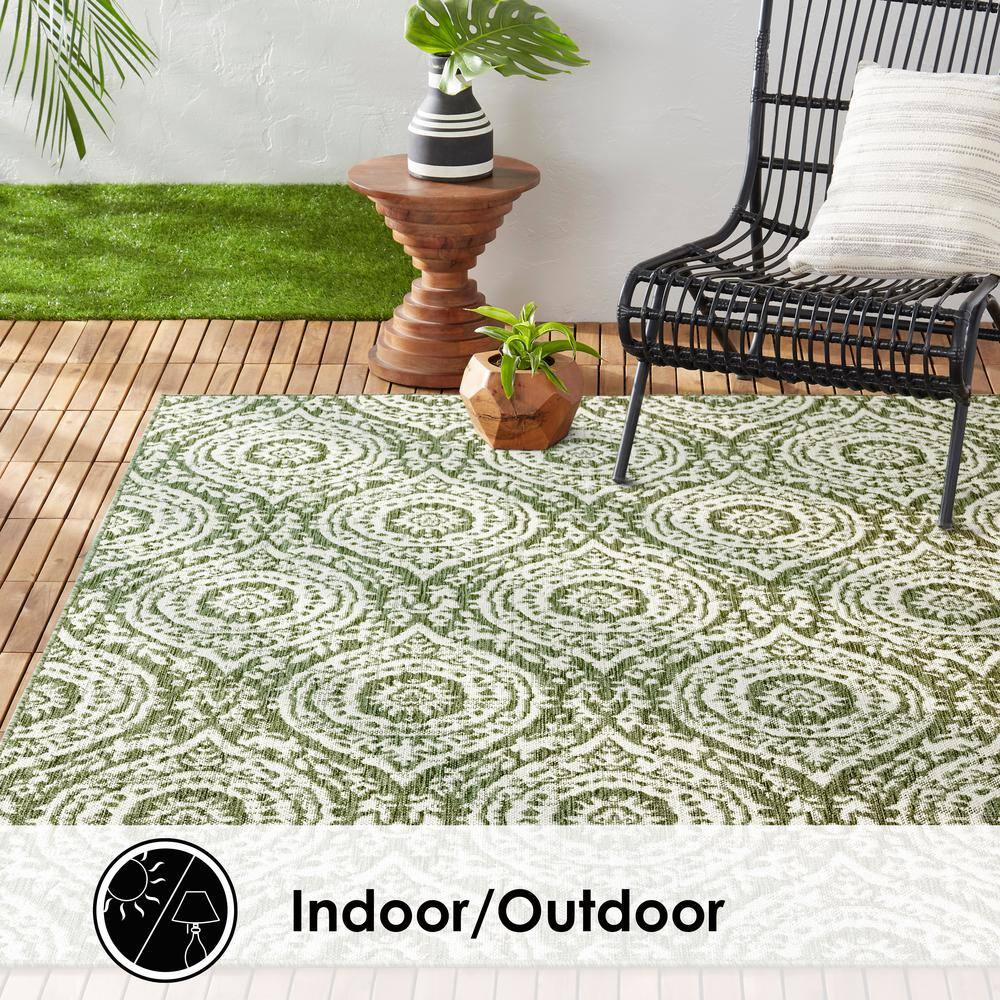 Olive and Ivory Moroccan Damask Indoor/Outdoor Rug