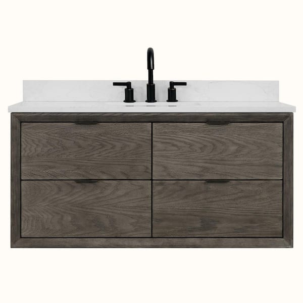 Solid Wood Contemporary 48 in. Wall Mount Grey Oak Bath Vanity with White Artificial Stone Top Assembled