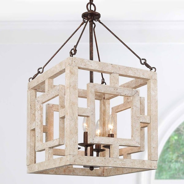 Lnc Farmhouse Antique White Lantern Cage Wood Chandelier 4 Light Candle Style Square Pendant With Rusty Bronze Metal Accents Qf6zfyhd14143w7 The Home Depot Lantern Cage Wood Chandelier, Square Metal And Wood Chandelier