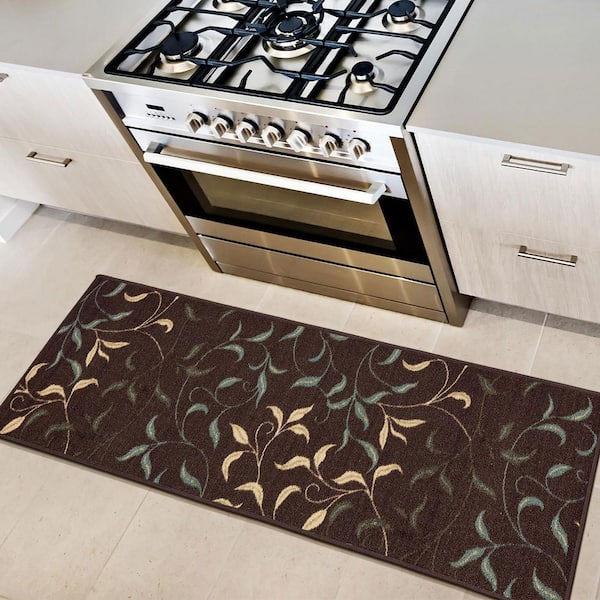 Ottohome Collection Non-Slip Rubberback Leaves Design 2x5 Indoor Runner Rug, 1 ft. 8 in. x 4 ft. 11 in., Dark Brown