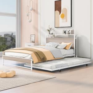 White Metal Frame Full Size Platform Bed with Twin Size Trundle, USB Charging Station, Storage Shelves