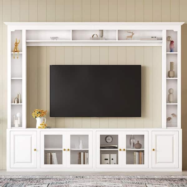 White TV Stand Fits TV's up to 80 to 92 in. with Bookshelves, Tempered Glass Door and Adjustable Shelves