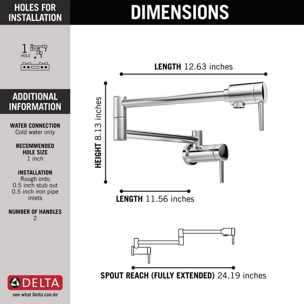 Modern Wall-Mounted Brass Pot Filler Faucet in Chrome