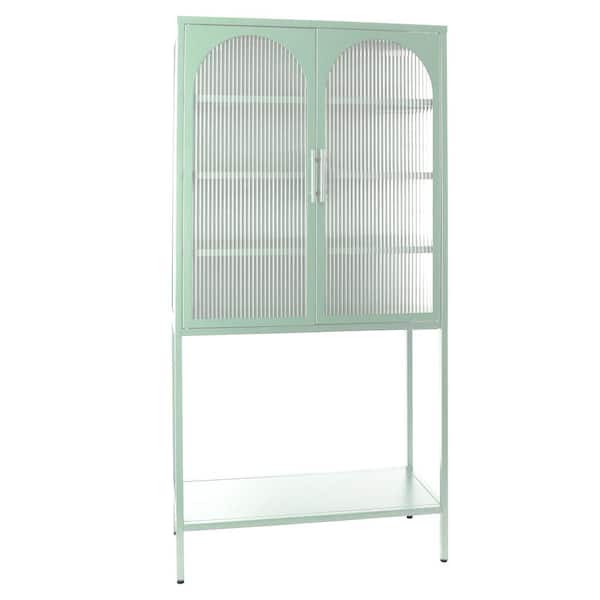 Miscool Anky 31.5 in. W x 13.8 in. D x 63 in. H Green Freestanding Bathroom Linen Cabinet with Glass Arched Doors