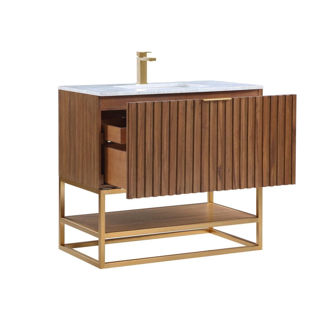 Walnut and Satin Brass 36" Single Bathroom Vanity with Carrara Marble Top