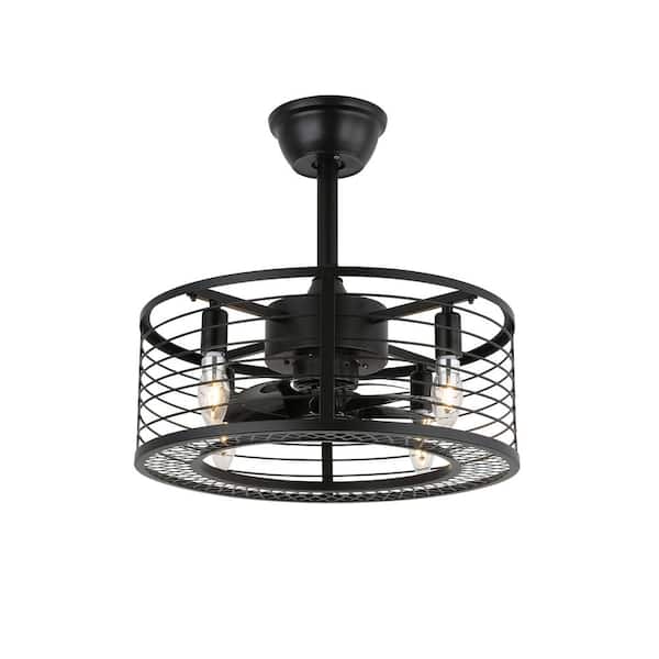 FANNEHONNE 18 in. Indoor Black Modern Ceiling Fan Light Kit, Drum Cage Ceiling Fan with Remote and Light