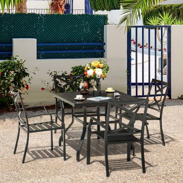 Nuu Garden 5 Piece Patio Dining Set With Umbrella Hole Outdoor Furniture Square Table And Stackable Armchairs In Black Sid016 01 Nuu Garden 5 Piece Patio Dining Set, Outdoor Table Set With Umbrella Hole