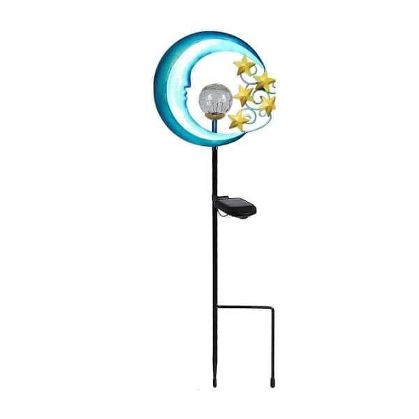 32 in. Blue Metal Stars Moon Solar Lights Outdoor Garden Stake
