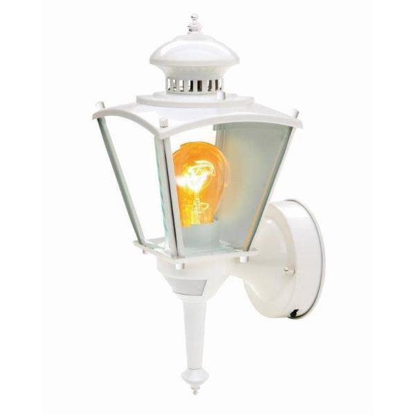 CCI 16 in. Beveled Glass Coach 1-Light White Motion Activated Outdoor Dusk to Dawn Wall Mount Lantern