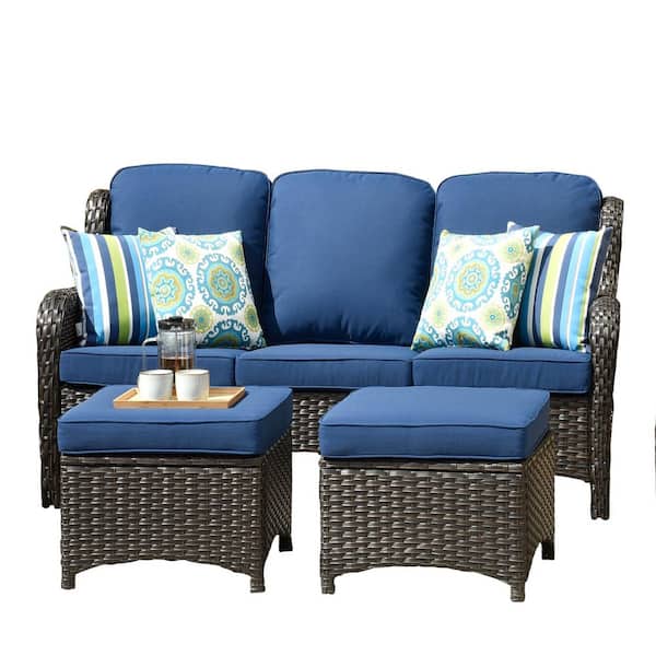 Alps Brwon Wicker Outdoor Couch Patio Sofa with Navy Blue Cushions and Ottoman