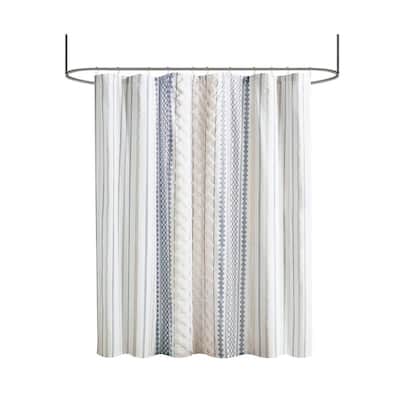Imani 72 in. W x 72 in. L Cotton White/Navy Shower Curtain