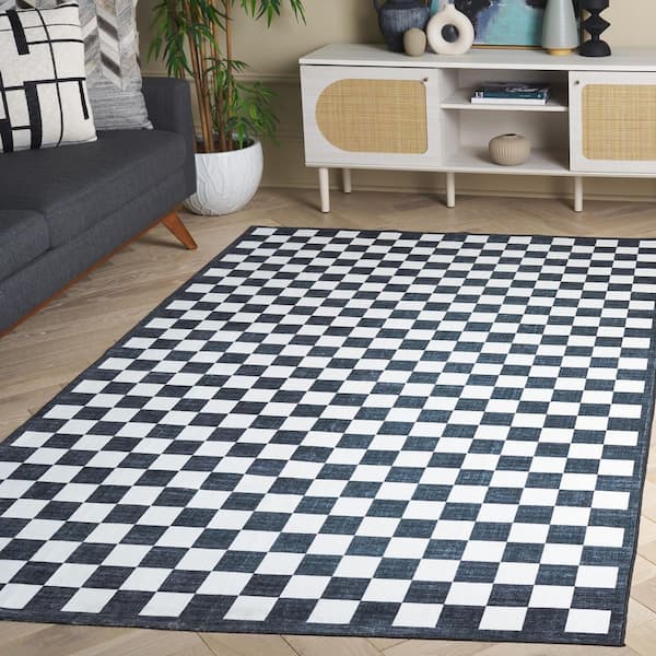 Santa Clara 3 ft. x 5 ft. Ivory/Black Retro Modern Checkerboard Washable Area Rug