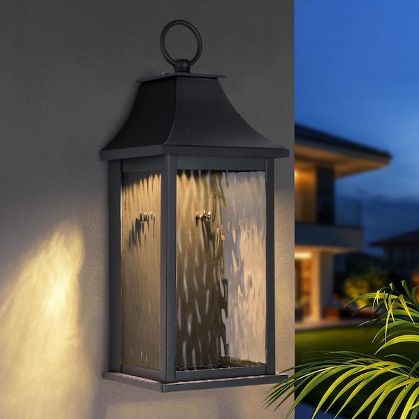 15 in. Black Modern Dusk to Dawn LED Outdoor Metal Wall Sconce with Clear Water Ripple Glass, for Exterior Garage Porch