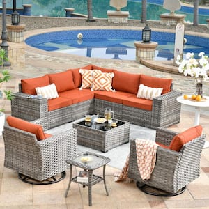 Marvel Gray 9-Piece Wicker Wide Arm Patio Conversation Set with Orange Red Cushions and Swivel Rocking Chairs