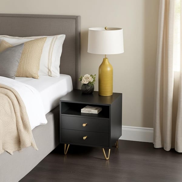 FUFU&GAGA 2-Drawer Black Nightstands with Metal Legs and Open Shelf, Side Table Bedside Table 15.7 in. D x 19.6 in. W x 21.6 in. H