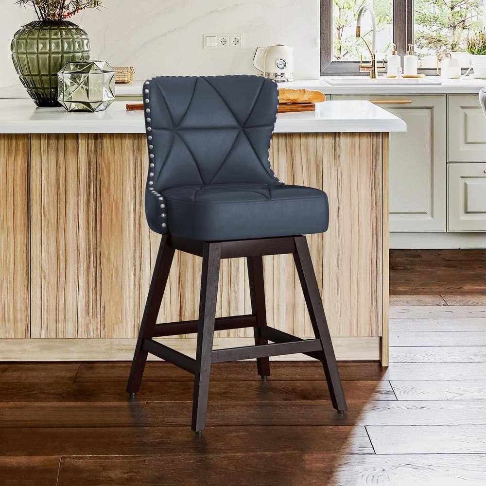 LUE BONA Zola 26 in. Navy Blue Wood Frame Counter Bar Stool Faux