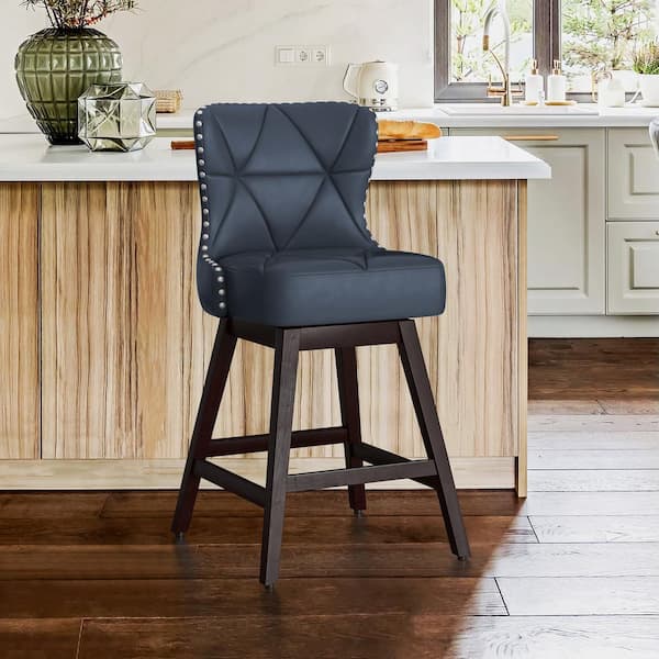 OrangeOne Zola 26 in. Navy Blue Wood Frame Counter Bar Stool Faux Leather Upholstered Swivel Bar Stool (Set of 1)