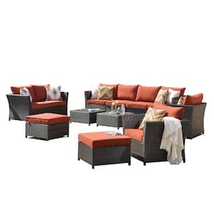 Mesa Brown 12-Piece No Assembly Wicker Outdoor Patio Conversation Sofa Set with Orange Red Cushions